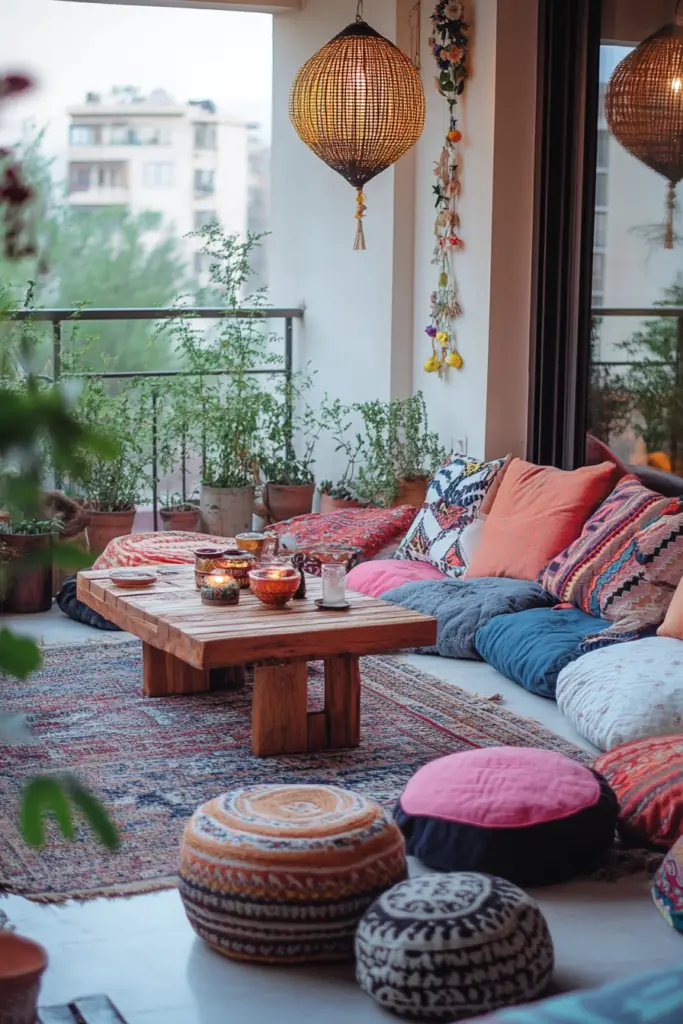 Gemütlicher Balkon mit Kissen und Pflanzen