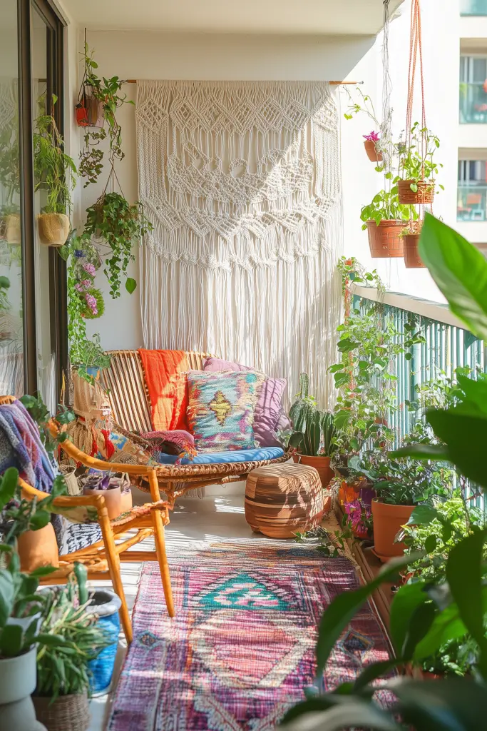 Boho-Balkon mit Pflanzen und Sitzbereich