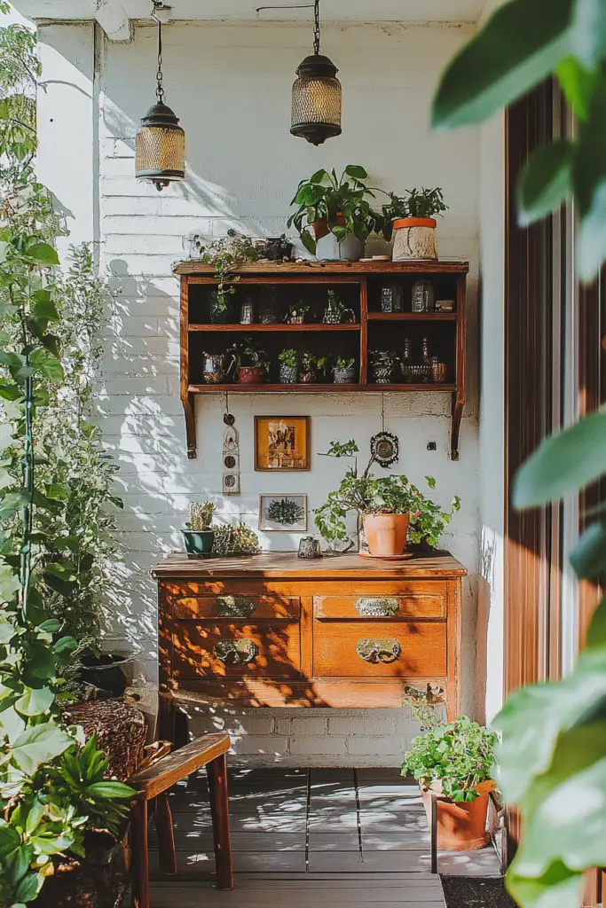 Gemütlicher Balkon mit Pflanzen und Holzmöbeln