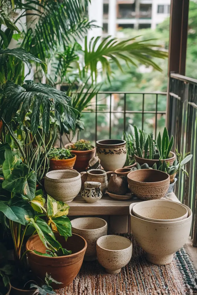 Indoor Pflanzen auf einem Balkon mit Tontöpfen