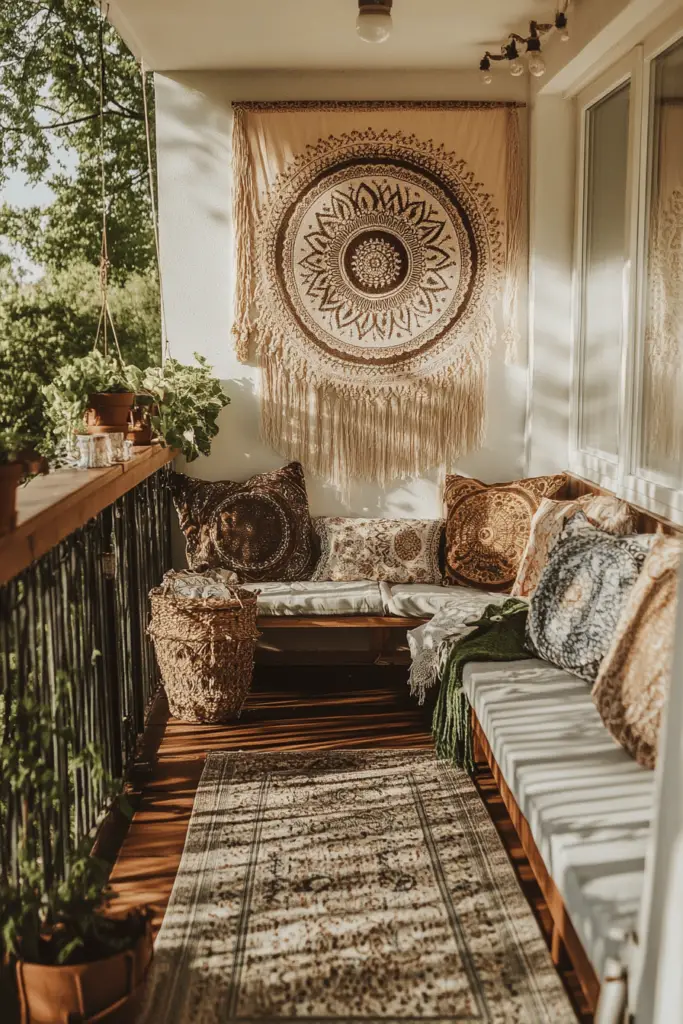 Gemütlicher Balkon mit Mandala-Wandteppich und Kissen