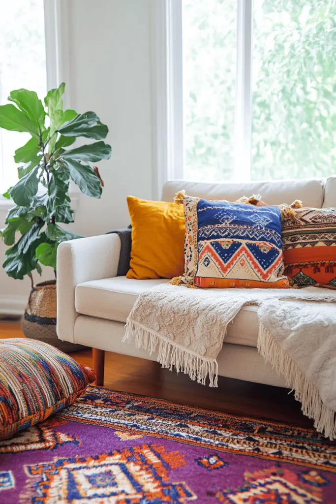 Gemütliches Wohnzimmer mit bunten Kissen und Teppich