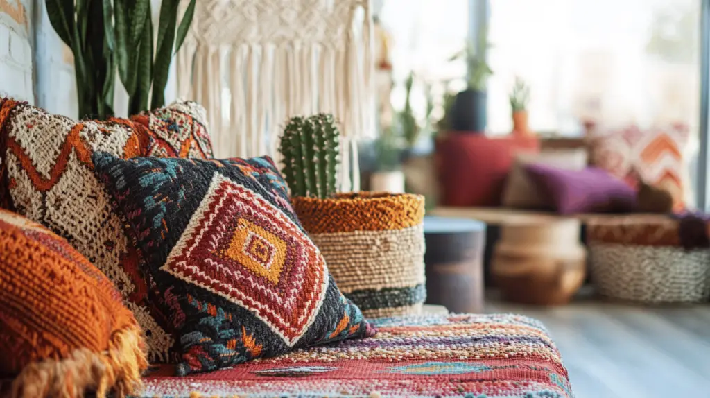 Buntes Wohnzimmer mit Kissen und Pflanzen