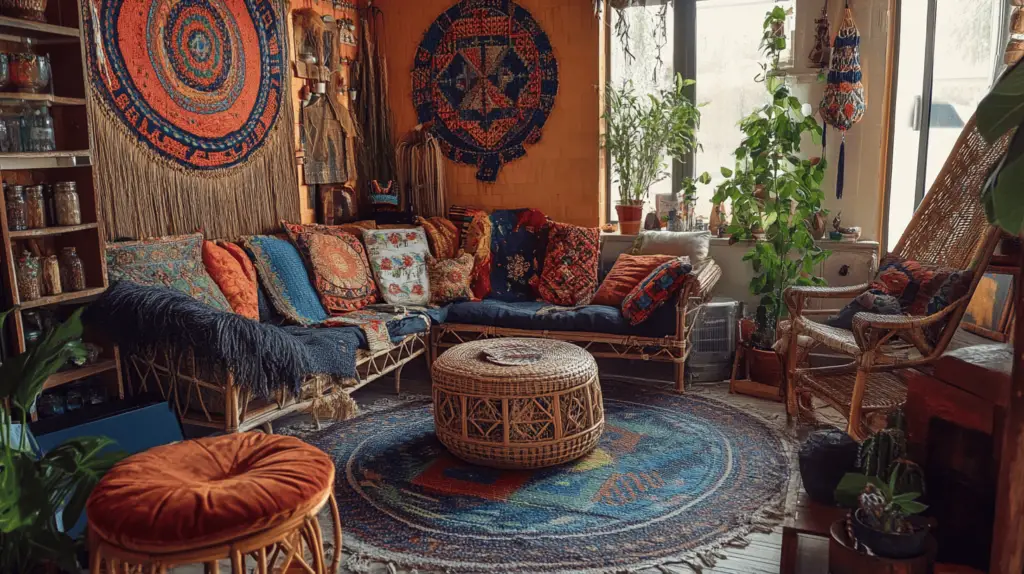 Gemütliches Wohnzimmer mit Boho-Dekorationen und Pflanzen.