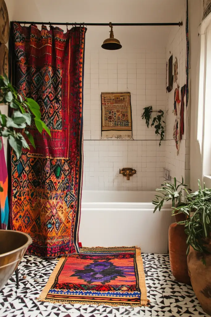 Badezimmer mit bunten Teppichen und Pflanzen