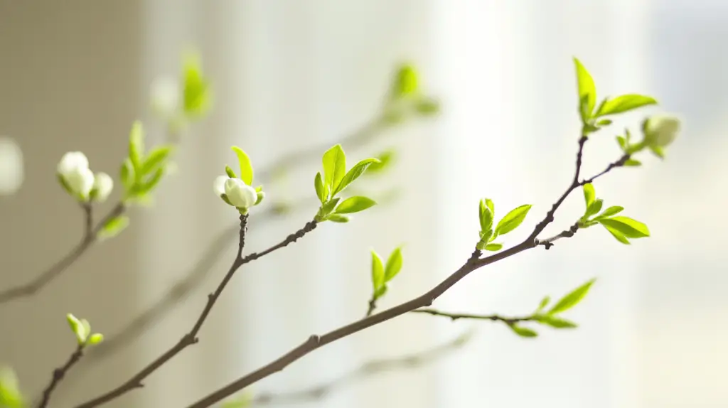 Zweig mit grünen Blättern und Knospen