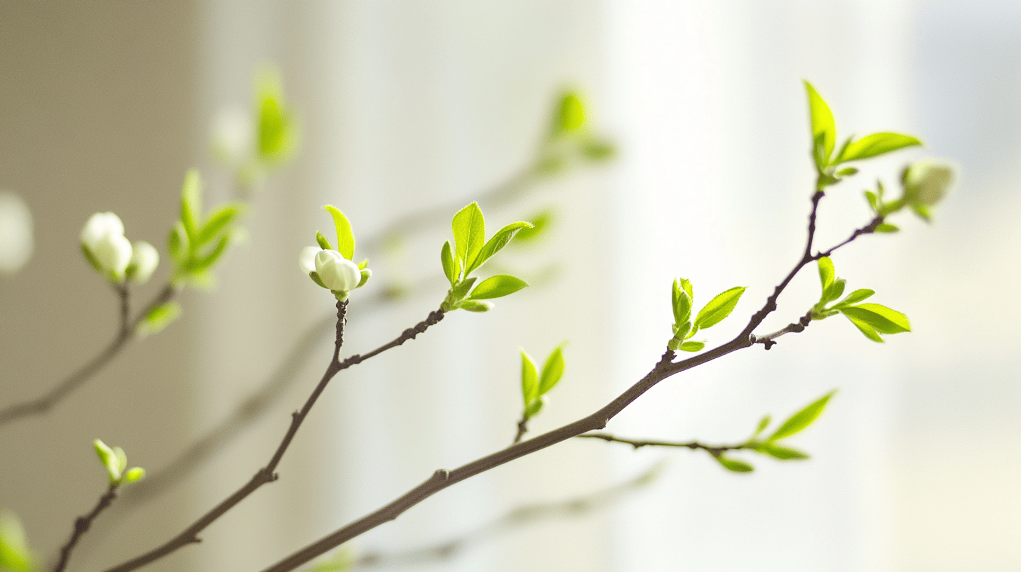 Zweig mit grünen Blättern und Knospen
