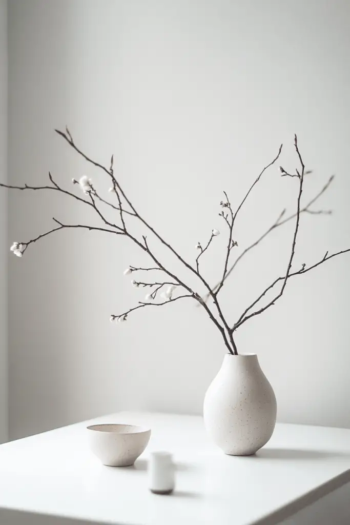 Minimalistische Vase mit Zweigen auf weißem Tisch