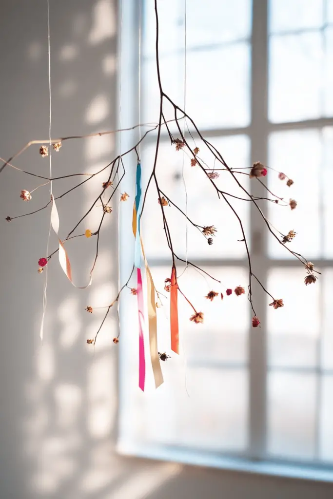 Zweig mit bunten Bändern vor Fenster im Licht.