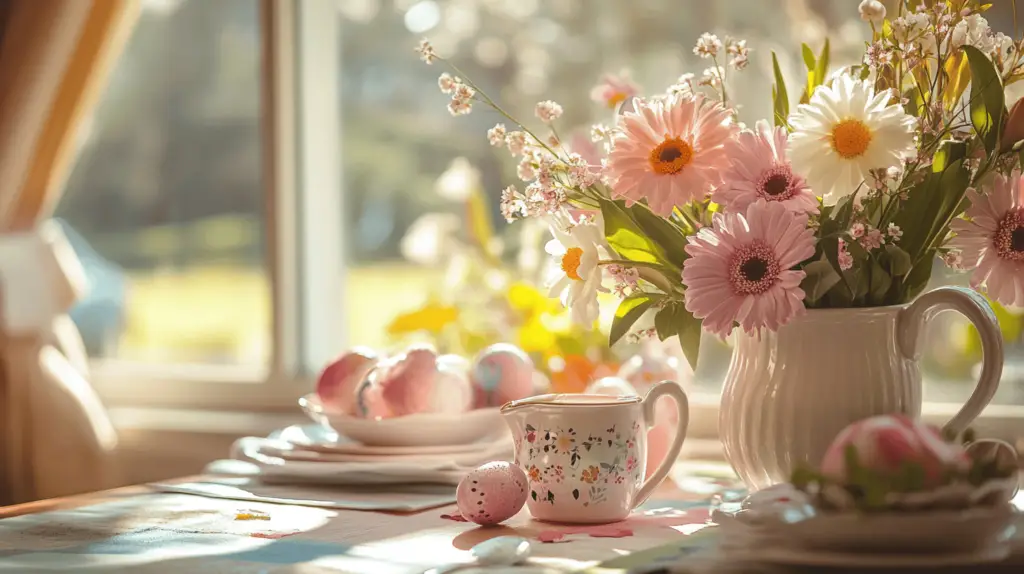 Frühlingsblumen und Ostereier auf dem Tisch