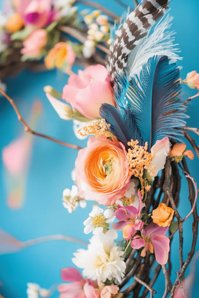 Frühlingskranz mit Blumen und Federn