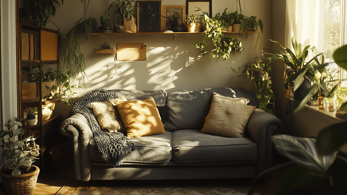 Wohnzimmer mit Pflanzen und grauem Sofa