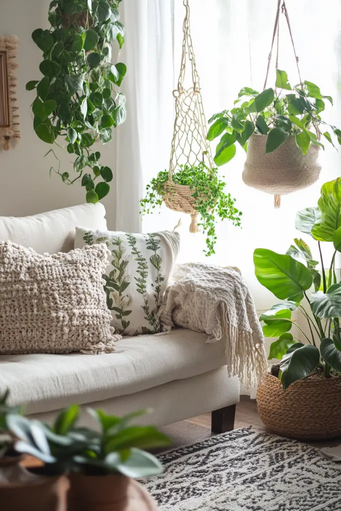 Wohnzimmer mit Pflanzen und Sofa