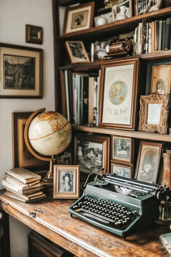 Alte Schreibmaschine und Globus im Bücherregal.