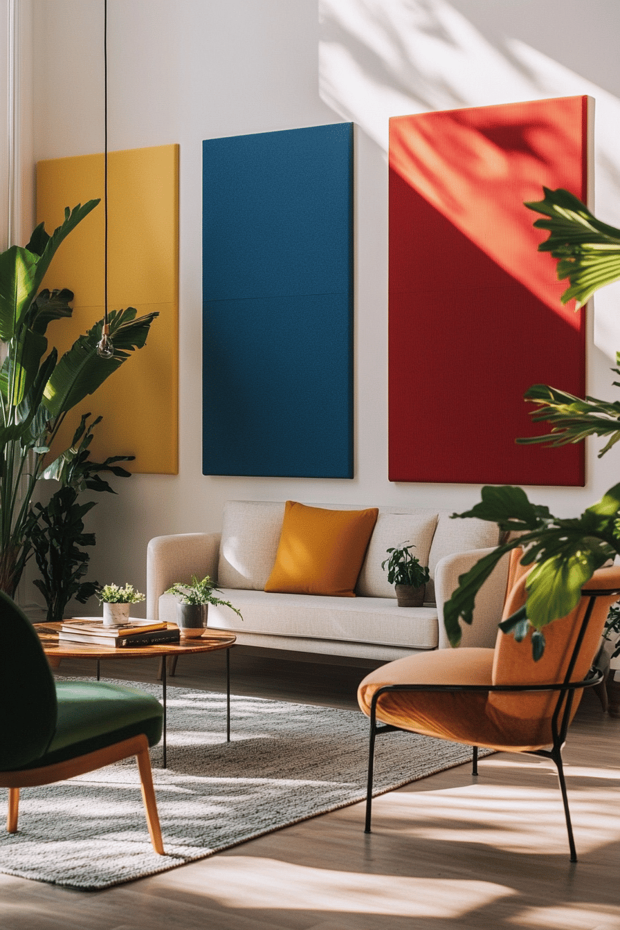 Wohnzimmer mit bunten Akustikpaneelen an der Wand, modernen Möbeln und Pflanzen.
