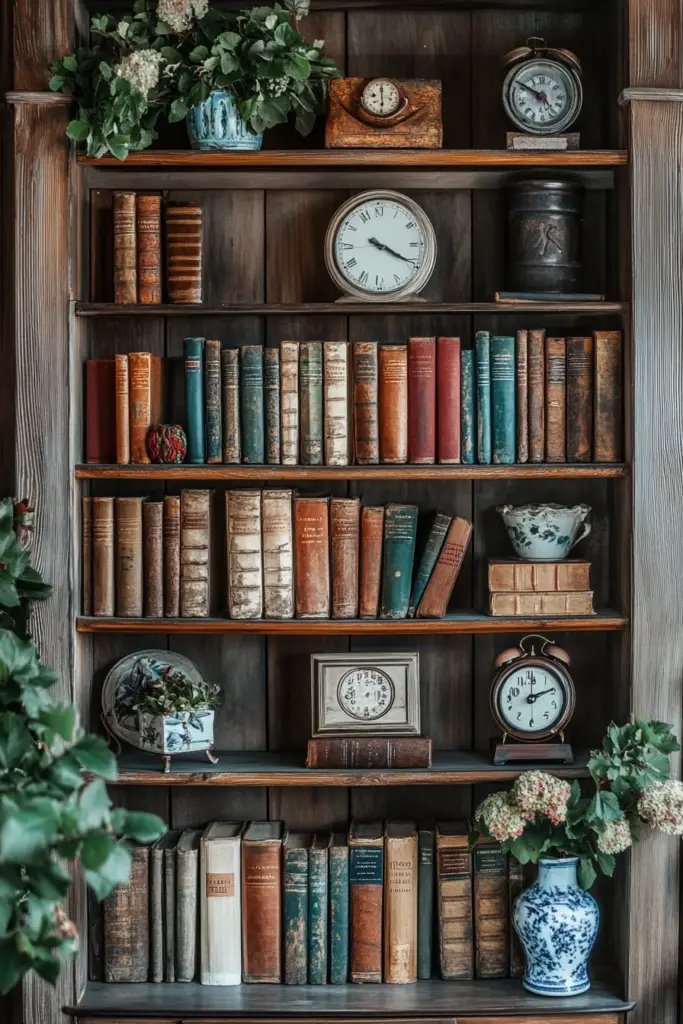 Bücherregal mit Vintage-Uhren und Pflanzen