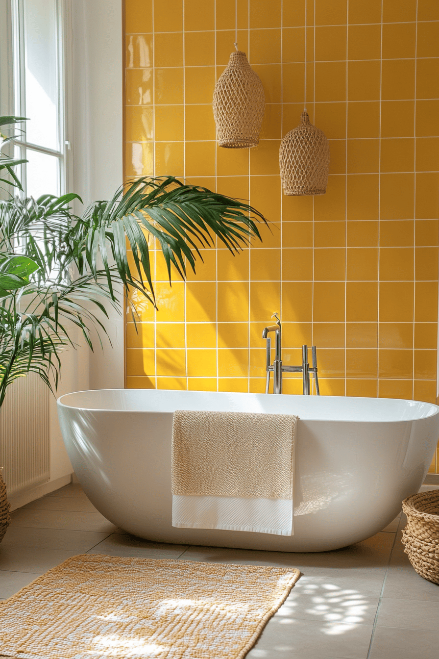 Badezimmer mit gelben Fliesen, freistehender Badewanne und Pflanzen