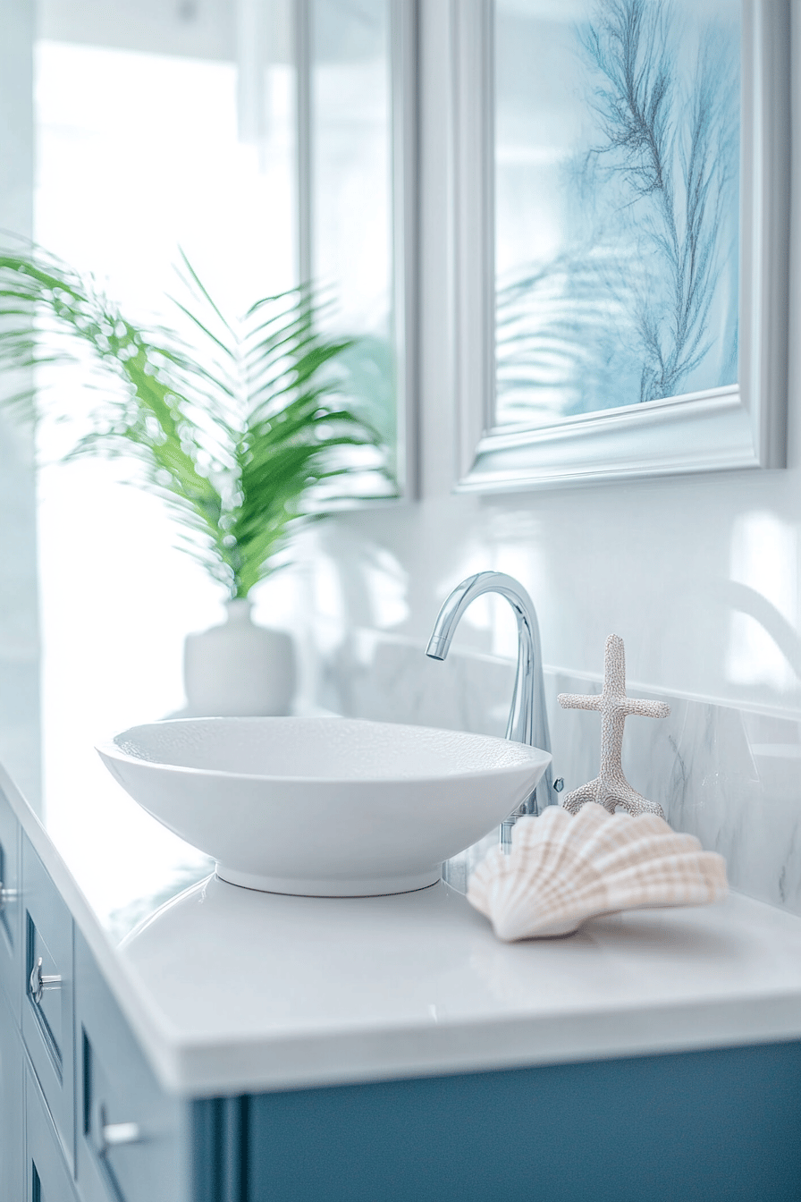 Badezimmer mit blauer Kommode, weißem Waschbecken und maritimer Dekoration.