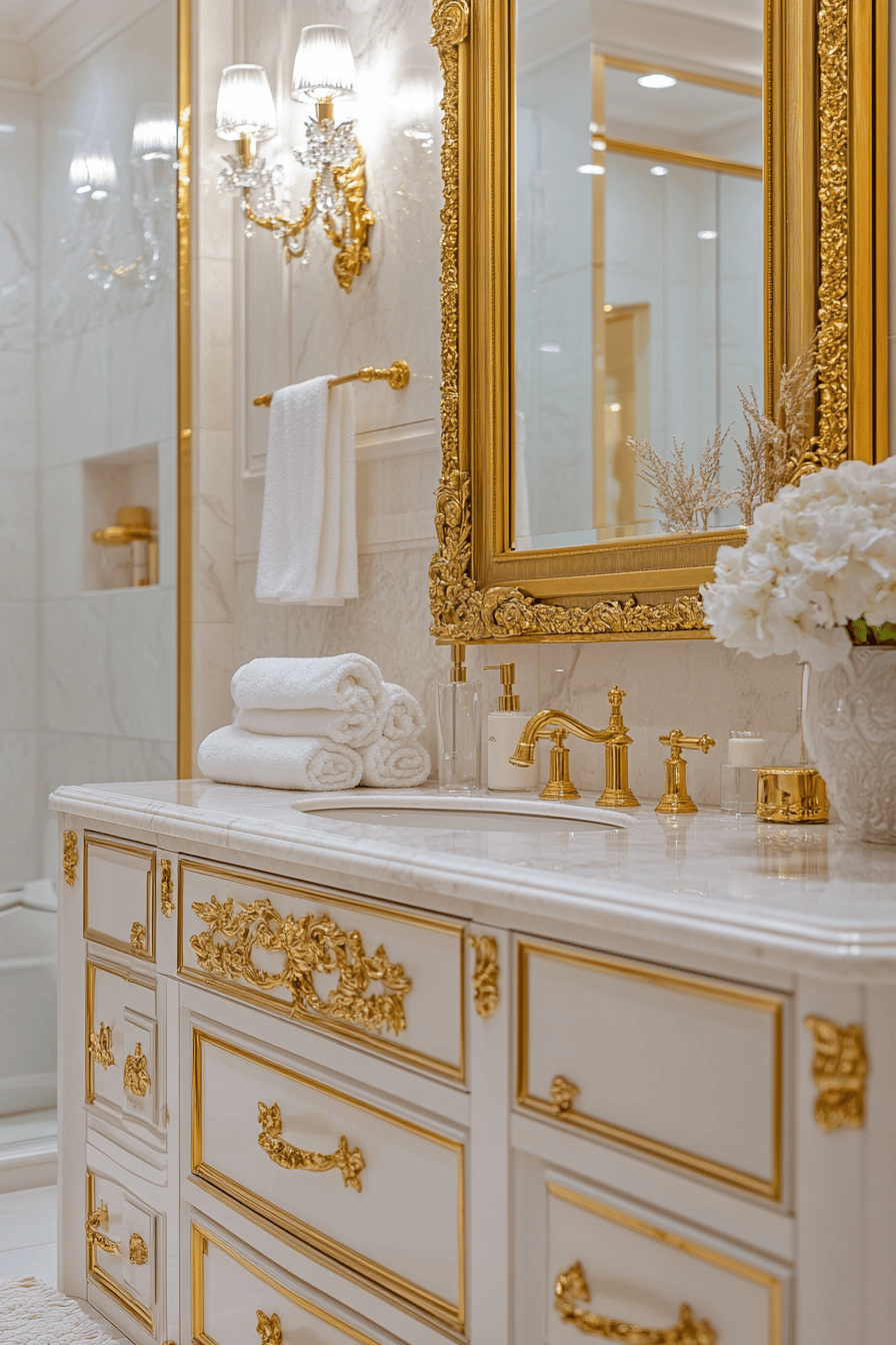 Luxuriöses Badezimmer mit goldenen Armaturen und Verzierungen