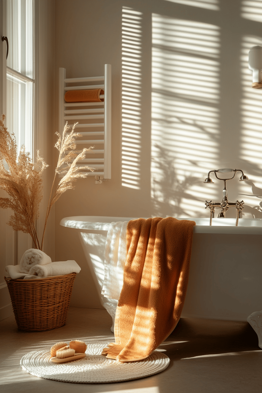 Ein Badezimmer mit orangefarbenen Details und weicher Beleuchtung.