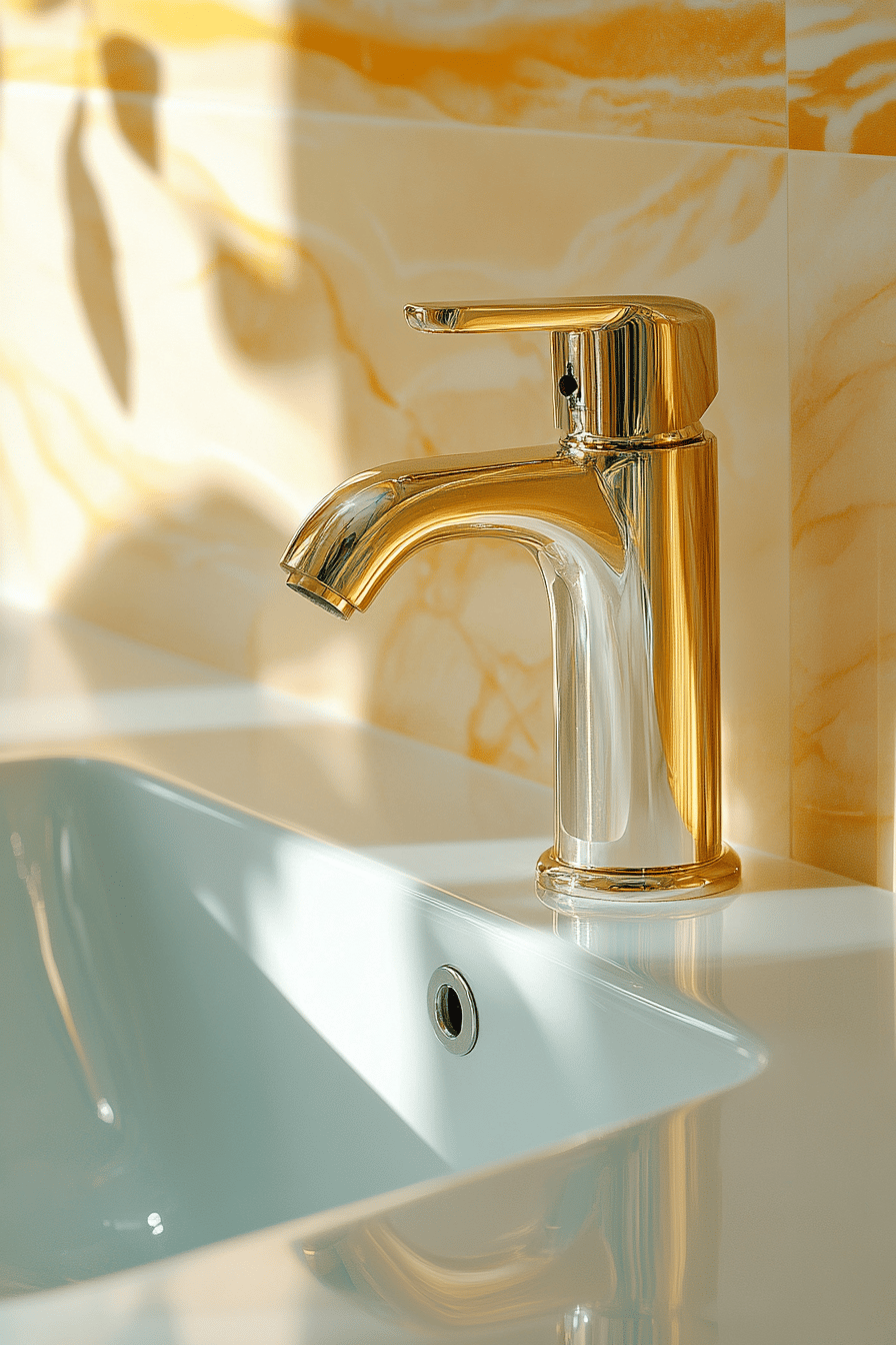 Nahaufnahme eines Waschbeckens mit einem Wasserhahn in schimmerndem Metallton, umgeben von marmorierten Fliesen.