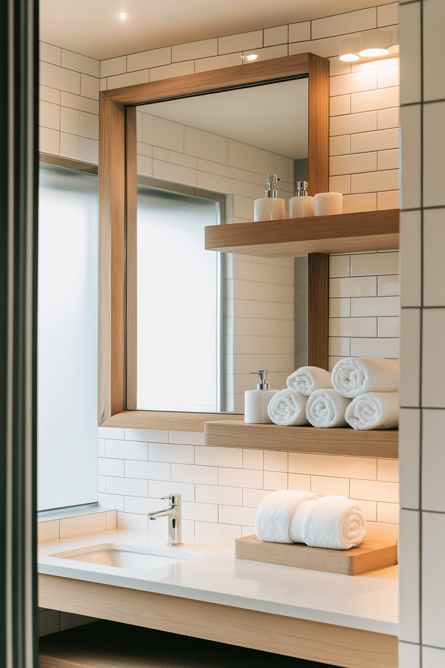 Modernes Badezimmer mit großem Wandspiegel und Holzregalen.