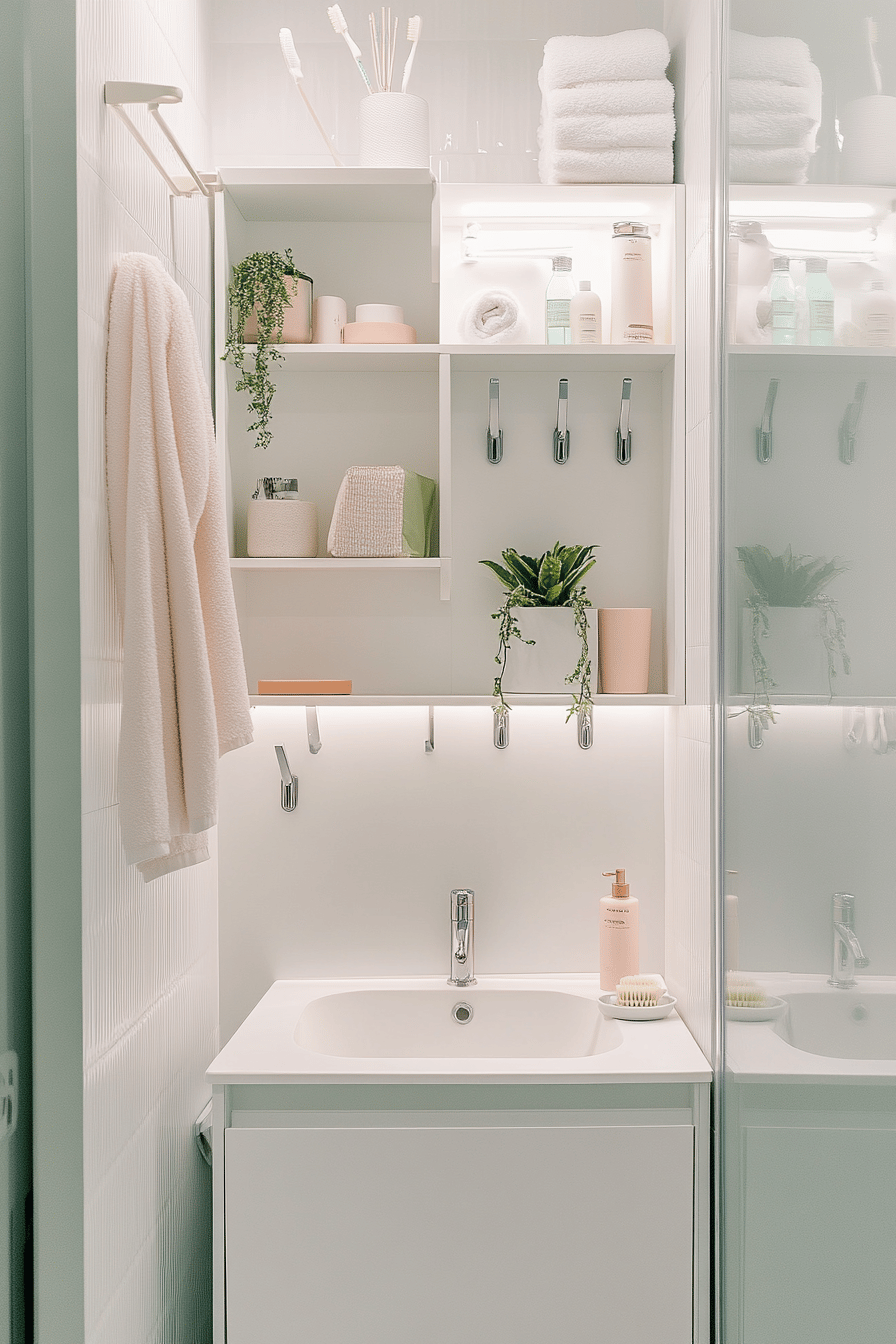 Kleines Badezimmer mit Wandregalen, Handtüchern und Pflanzen.