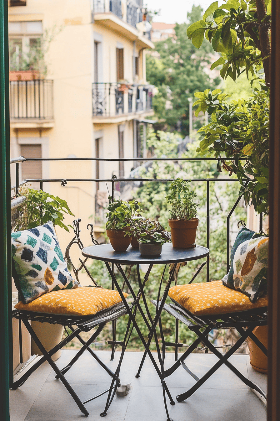 Kleiner Balkon mit zwei dekorierten Gartenstühlen, Tisch und Pflanzen.