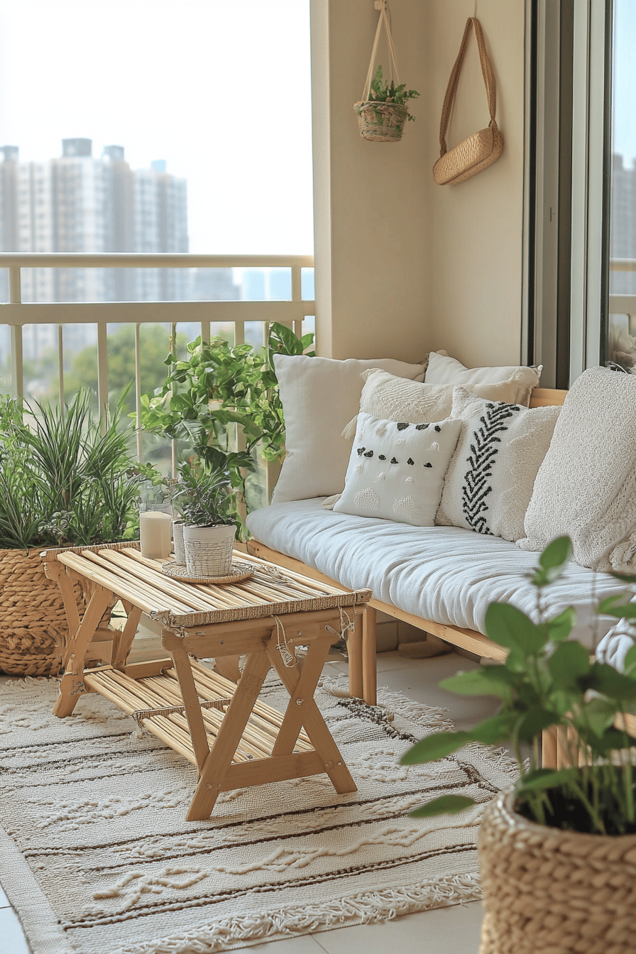 Gemütlich dekorierter Balkon mit Holzbank, Teppich und Pflanzen.