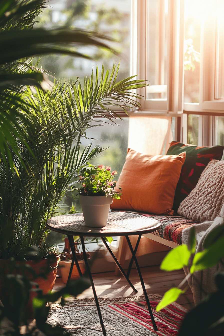 Ein gemütlicher Balkon mit Pflanzen, Kissen und einem kleinen Tisch.