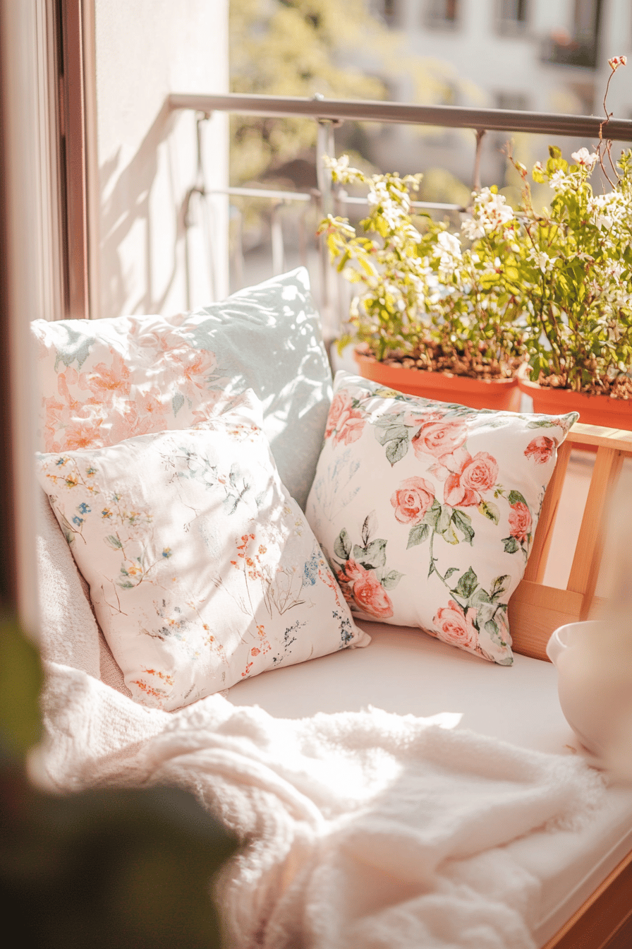 Balkon mit floral bedruckten Kissen und Blumen im Hintergrund.