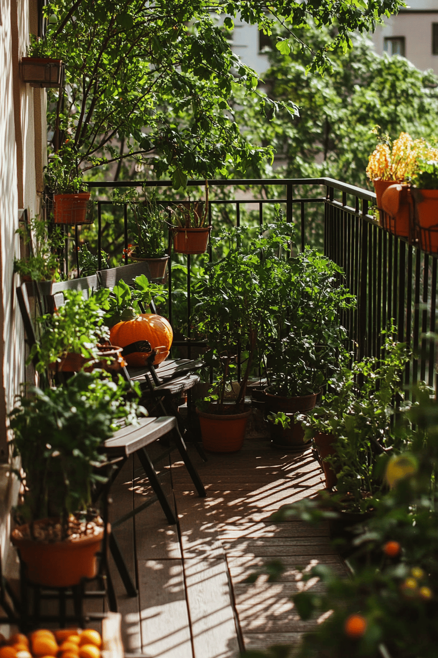 Ein Balkon mit grünen Pflanzen und Gemüse in Töpfen.