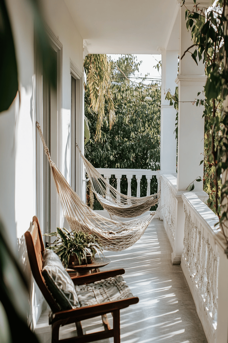 Balkon mit Hängematte und Schaukelstuhl.