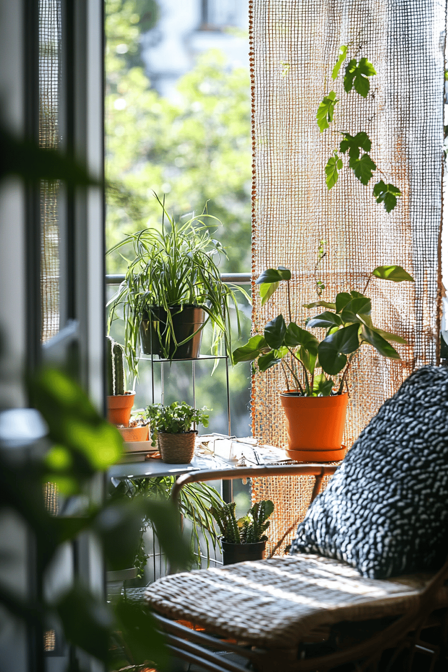 Ein kleiner Balkon mit Pflanzen, einem Sichtschutz aus Stoff und einem gemütlichen Sitzplatz.