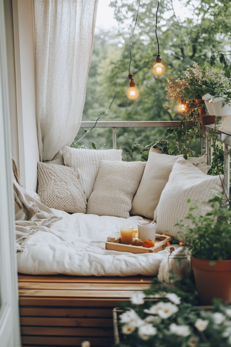 Ein kleiner Balkon mit weichen Kissen, Decken und sanfter Beleuchtung.