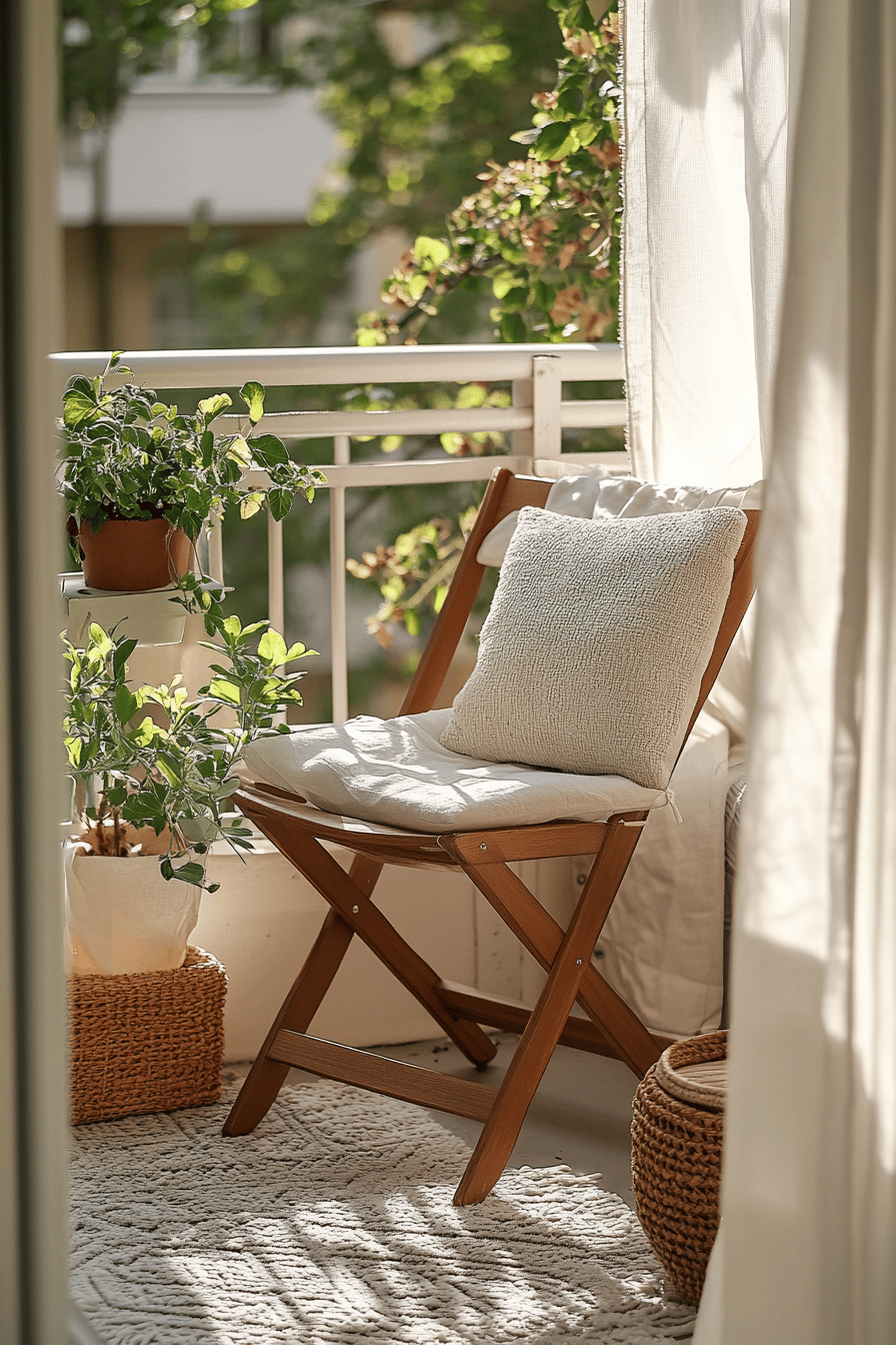 Kleiner Balkon mit einem zusammenklappbaren Holzstuhl, Kissen und Pflanzen.