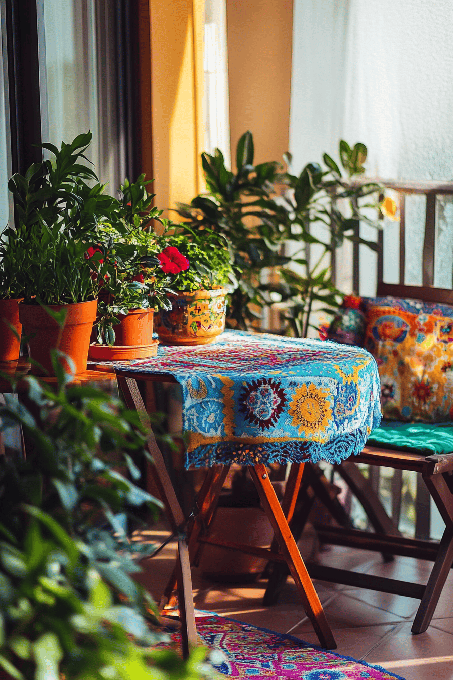 Ein kleiner Balkon mit bunten Tischdecken, Pflanzen und dekorativen Kissen.