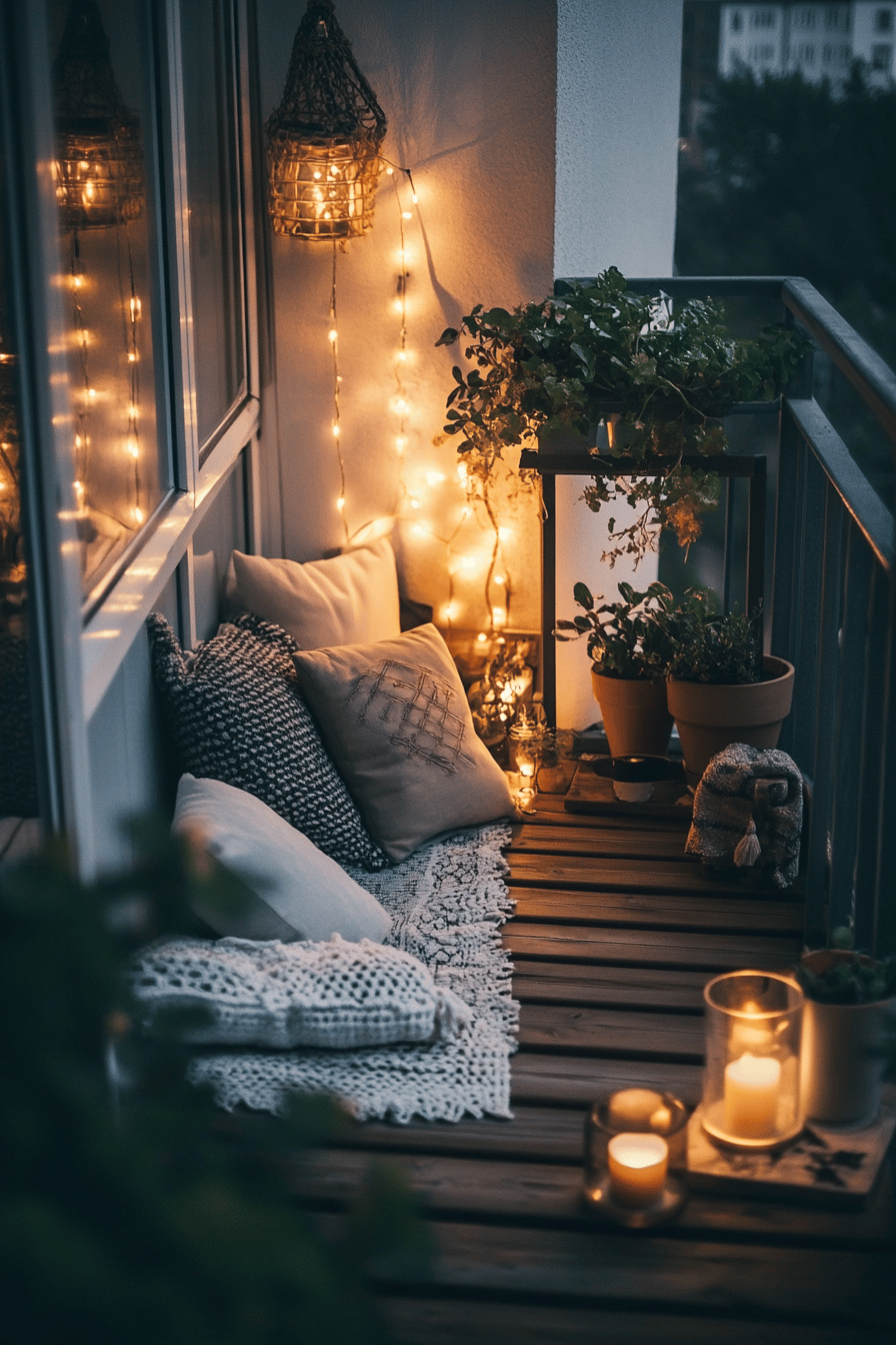 Ein gemütlich dekorierter Balkon mit LED-Lichterketten, Kissen und Pflanzen.