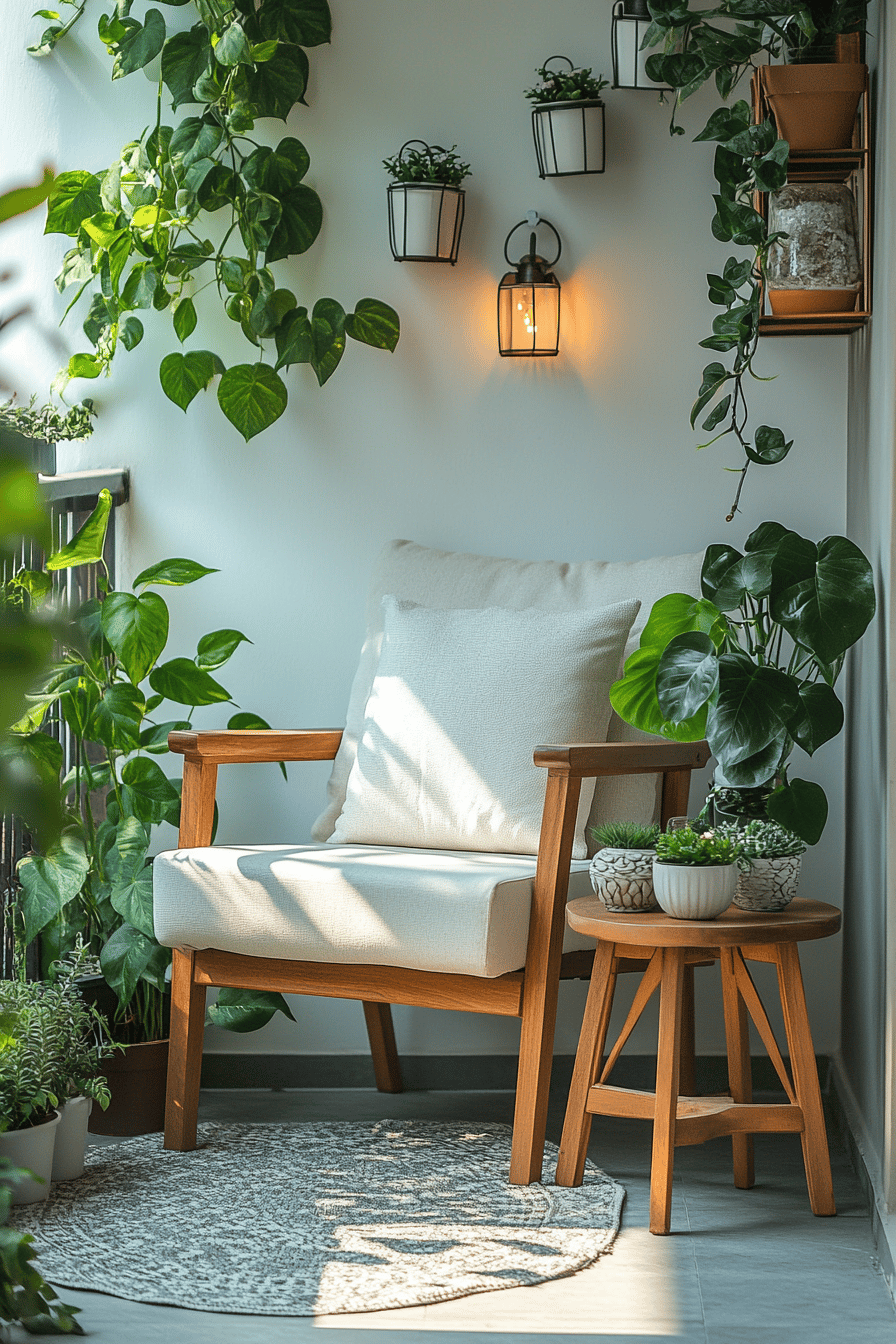 Ein behaglicher Balkon mit Holzstuhl, Kissen und vielen Pflanzen.
