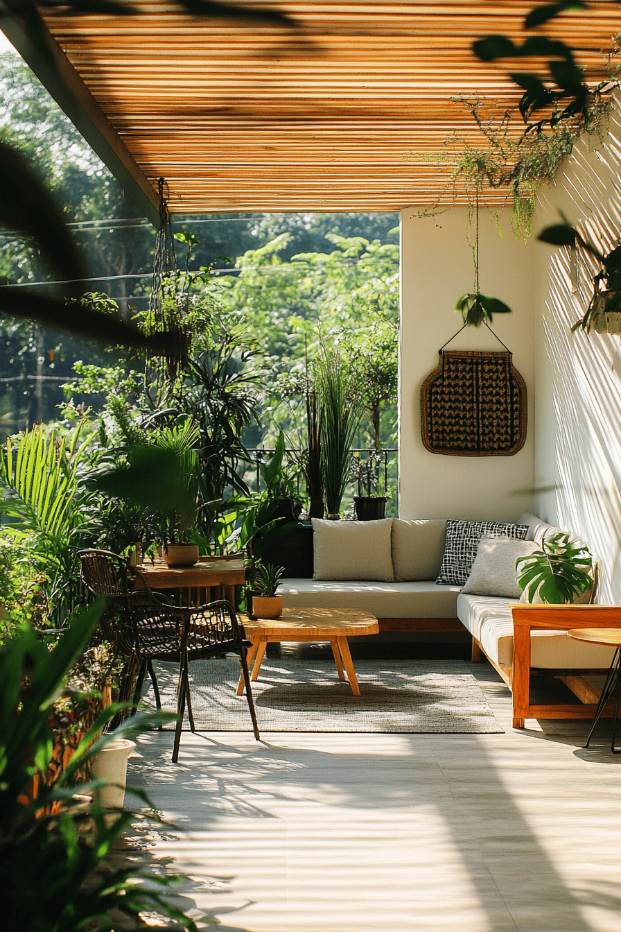 Balkon mit einer stilvollen Pergola, grünen Pflanzen und gemütlichen Sitzmöbeln.