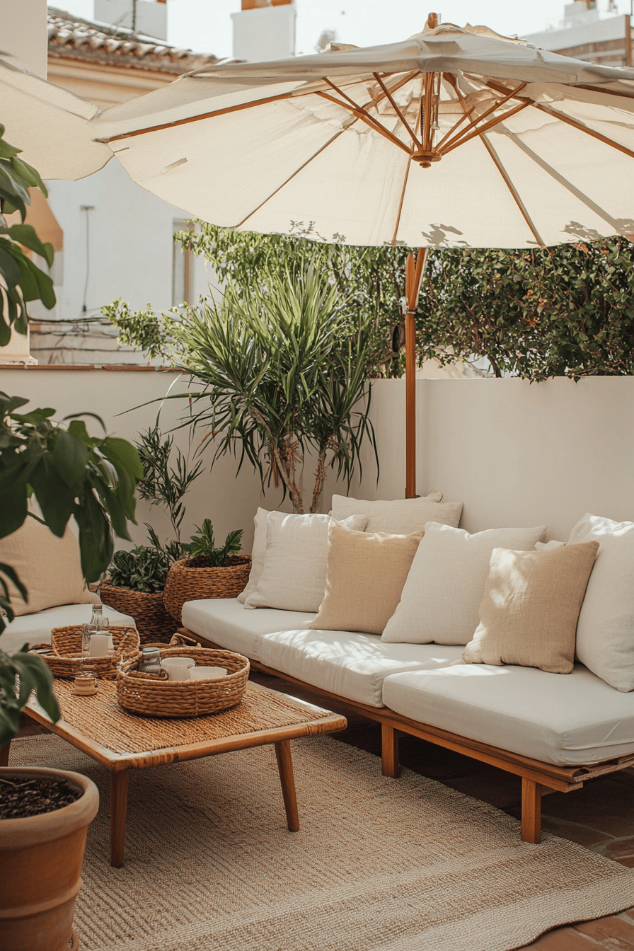 Ein kleiner Balkon mit gemütlichem Sofa, Kissen und großem Sonnenschirm.