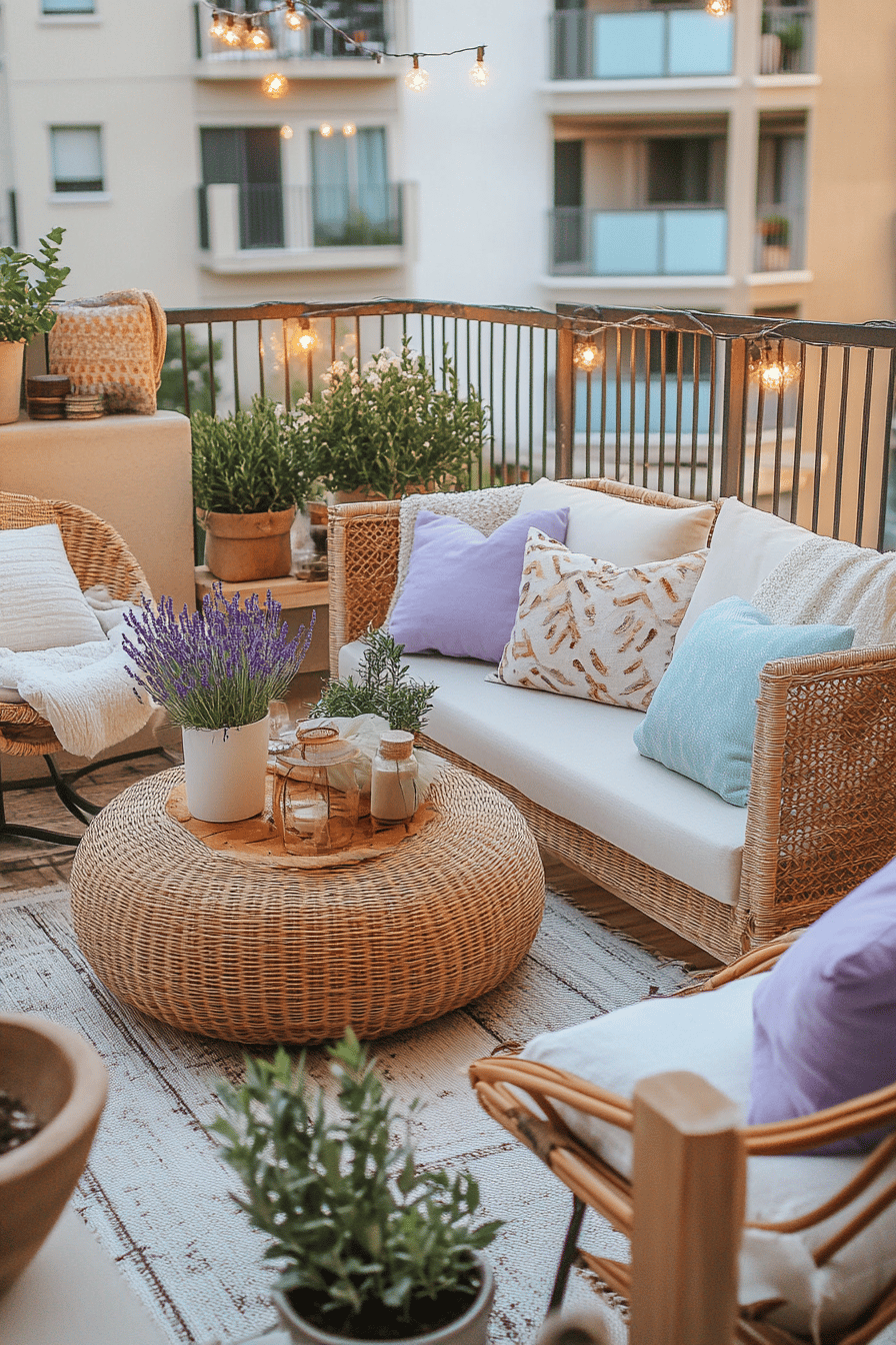 Gemütlich dekorierter Balkon mit Lichterketten, Pflanzen und Rattanmöbeln.