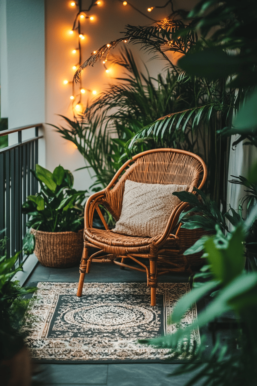 Ein Balkon mit Rattanstuhl, Outdoor-Teppich und Pflanzen, beleuchtet durch Lichterketten.