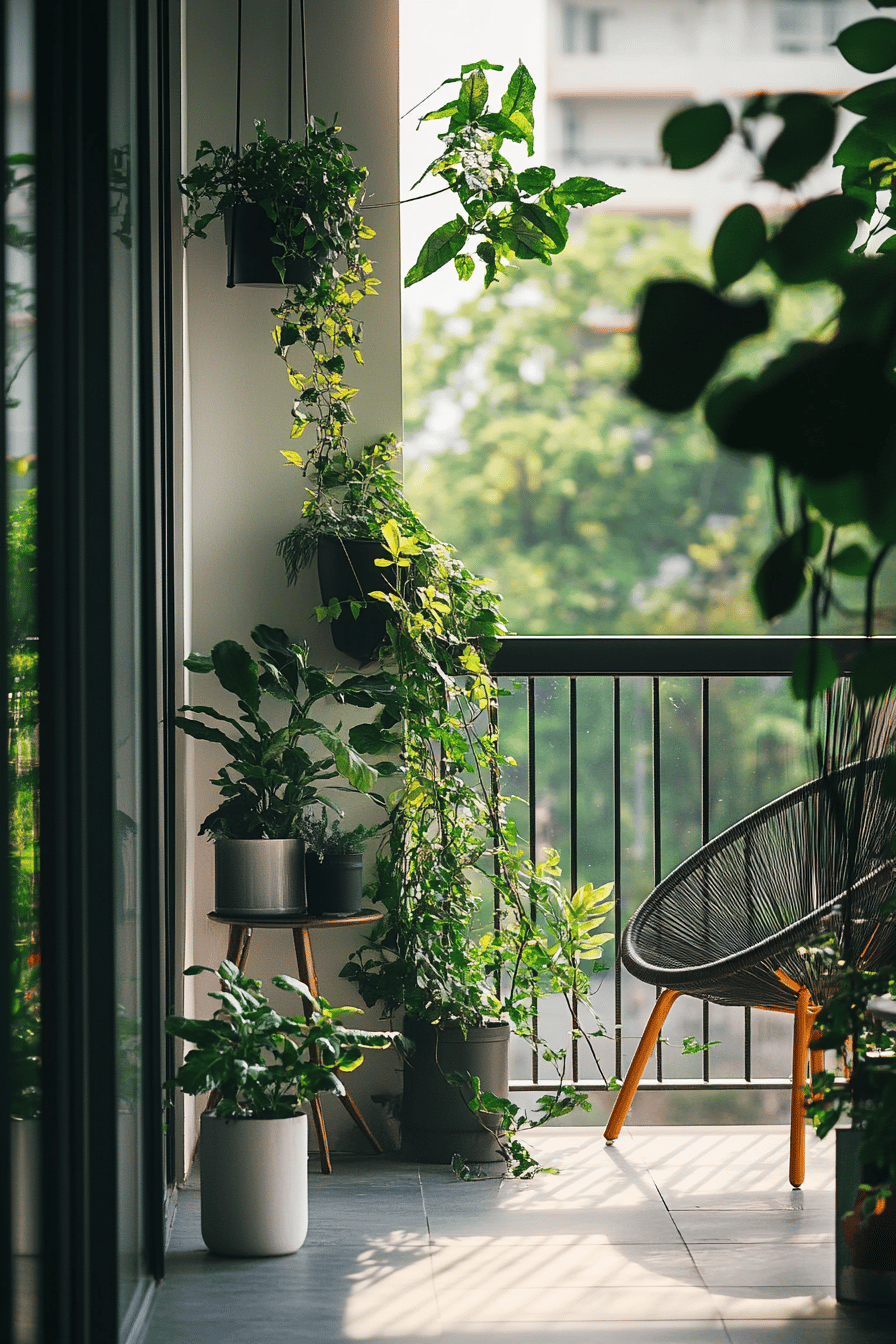 Balkon mit verschiedenen grünen Pflanzen in Töpfen und hängenden Behältern.