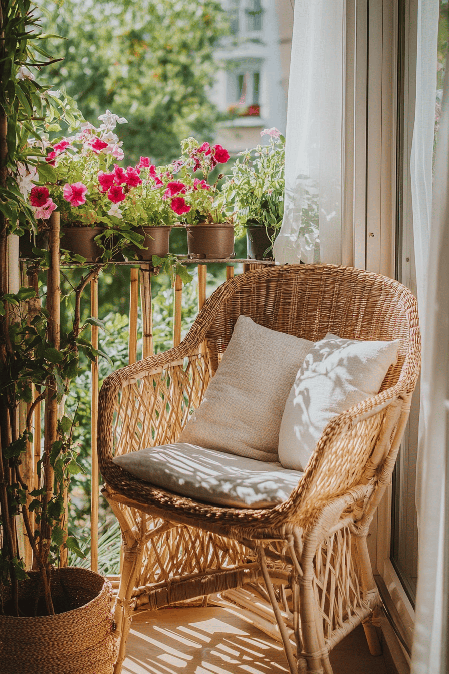 Ein Balkon mit Korbstuhl, Kissen und blühenden Pflanzen im Hintergrund.