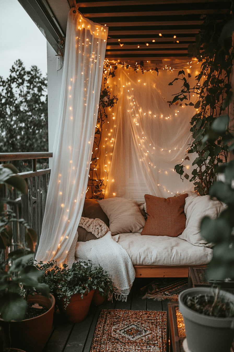 Ein gemütlicher Balkon mit Baldachin, Lichterketten und Pflanzen.