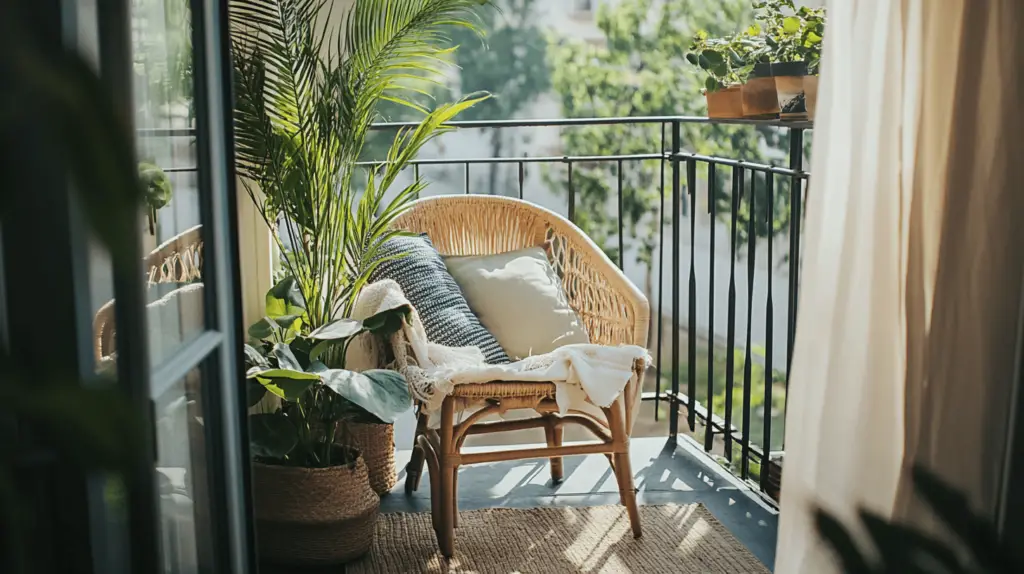 Gemütlicher Balkon mit Pflanzen und Sessel.