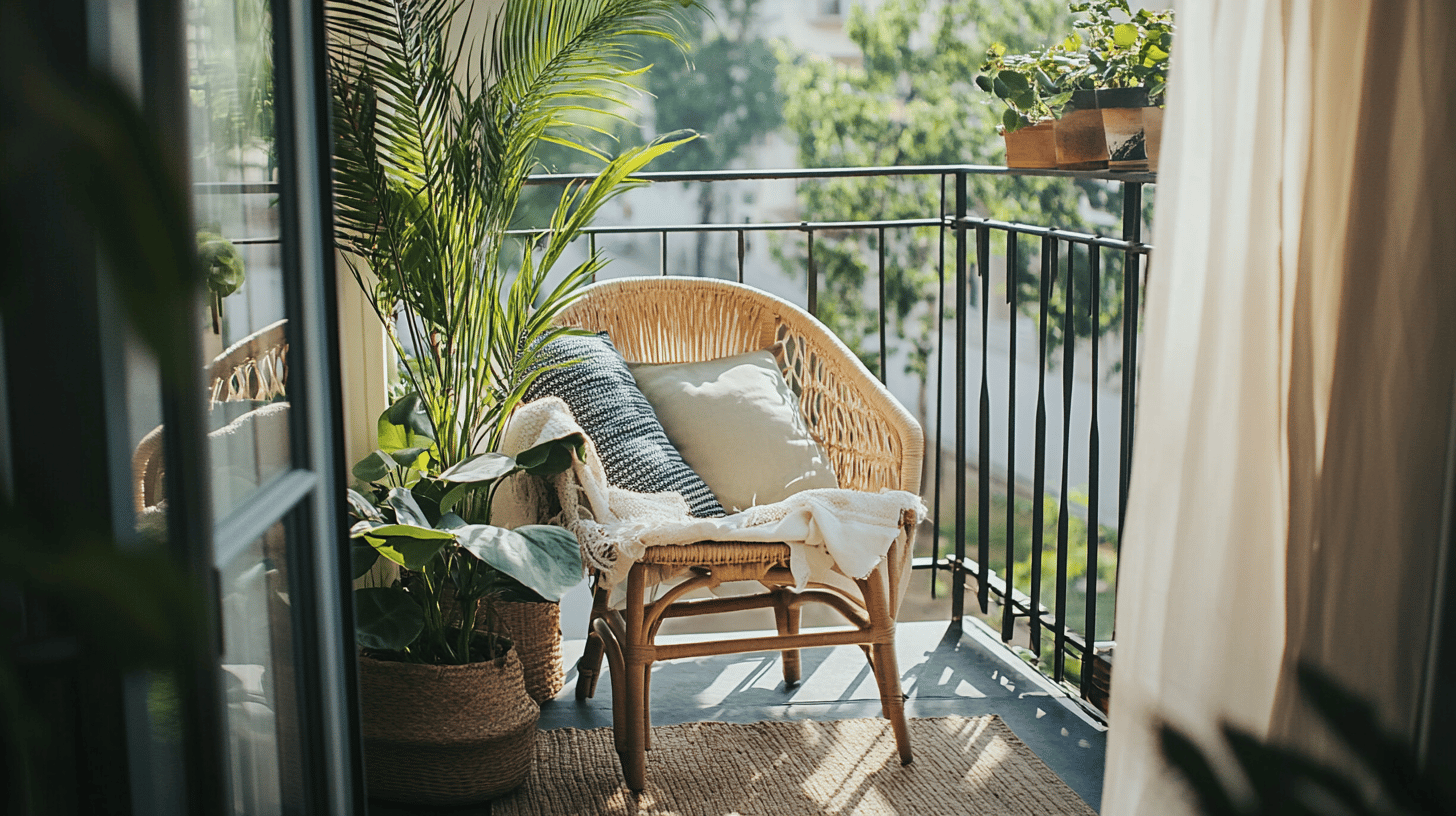 Gemütlicher Balkon mit Pflanzen und Sessel.