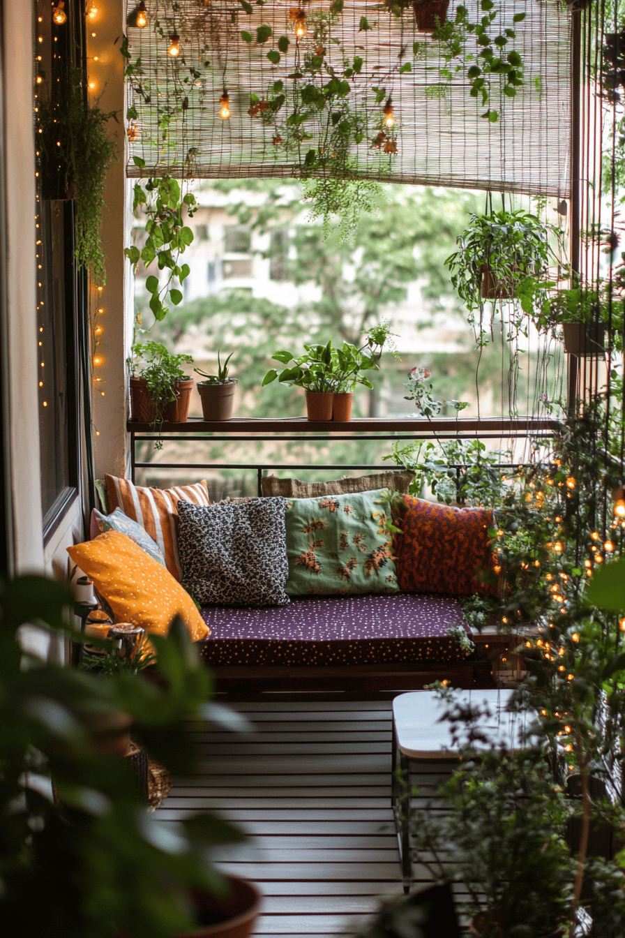 Ein Balkon mit vielen Pflanzen, bunten Kissen und Lichterketten, die eine warme Atmosphäre schaffen.