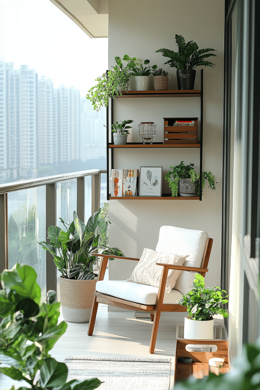 Ein stilvoll dekorierter Balkon mit Pflanzen und einem gemütlichen Sessel.